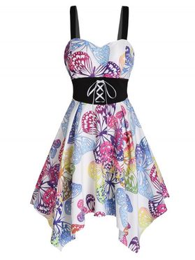Colored Butterfly Print Dress Lace Up High Waisted Dress A Line Handkerchief Dress