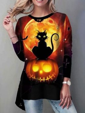 T-shirt D'Halloween Asymétrique à Imprimé Chat et Citrouille à Manches Longues