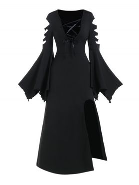Gothic Dress Lace Up High Slit Maxi Dress Ripped Handkerchief Bell Sleeve Long Dress