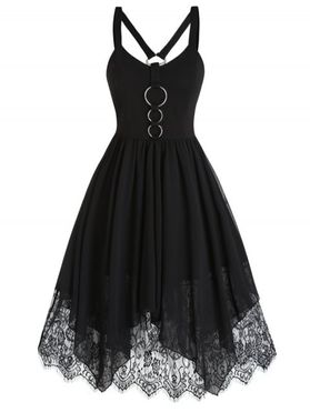 Floral Lace Chiffon Dress O Rings Asymmetric Gothic Dress Backless High Waist Halloween Dress