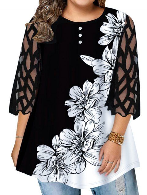 Plus Size & Curve T Shirt Contrast Flower Print Two Tone T-shirt Sheer Lace Sleeve Tee