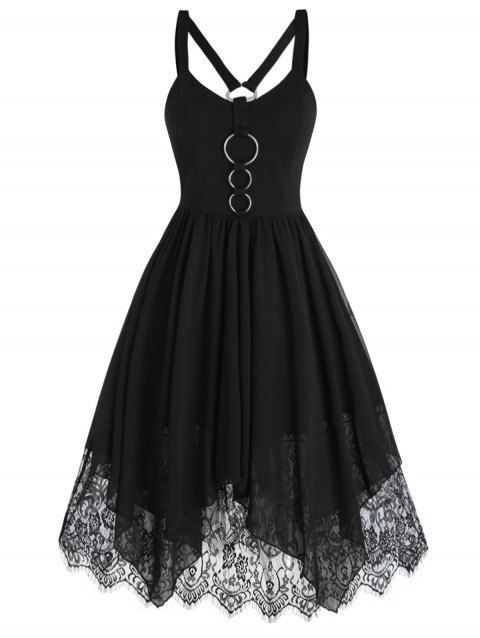 Lace Chiffon Dress O Rings Asymmetric Gothic Dress Backless High Waist Dress