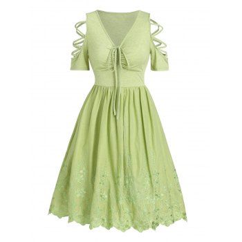 

Flower Embroidery Cottagecore Dress Cinched Ruched Bust Flare Dress Lattice Short Sleeve Dress, Light green