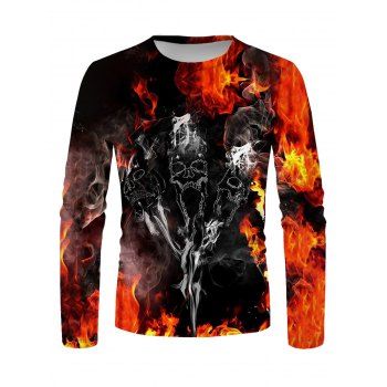 

Halloween T Shirt Skull Fire Flame Allover Print Long Sleeve Casual Tee, Multicolor