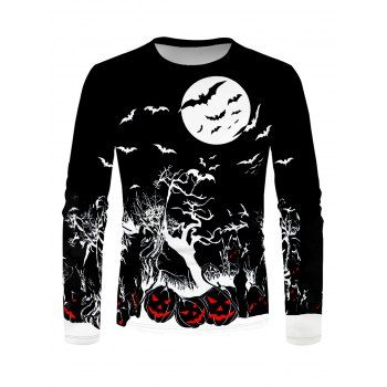 Halloween Tee Tree Branches Pumpkin Moon Bat Print Long Sleeve Casual T-shirt
