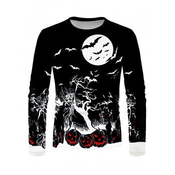 

Halloween Tee Tree Branches Pumpkin Moon Bat Print Long Sleeve Casual T-shirt, Multicolor