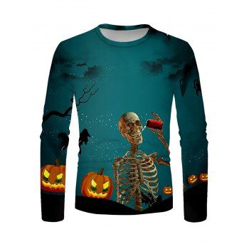 

Halloween Tee Skeleton Pumpkin Ghost Tree Branches Print Long Sleeve T-shirt, Multicolor