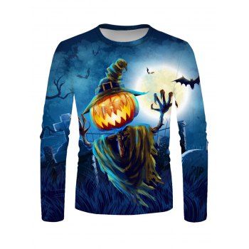 

Halloween T Shirt Pumpkin Scarecrow Moon Night Bat Print Long Sleeve Tee, Multicolor