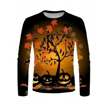 

Halloween T-shirt Maple Tree Pumpkin Print Long Sleeve Casual Tee, Multicolor