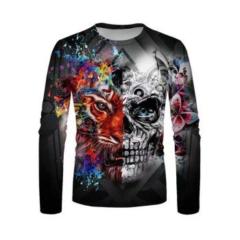 

Lion Painting Digital Skull Print T-shirt Long Sleeve Casual Tee, Multicolor