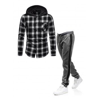 

Plaid Print Drawstring Front Pocket Hooded Shirt And Patchwork Beam Feet Jogger Pants Casual Outfit, Black