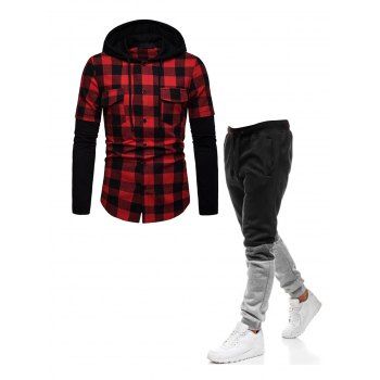 

Plaid Print Front Pocket Button Up Hooded Shirt And Colorblock Beam Feet Jogger Pants Casual Outfit, Red