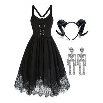

Floral Lace Chiffon O Rings Asymmetric Dress And Cow Horns Hairband Skeleton Earrings Halloween Outfit, Black