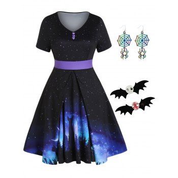 

Plus Size Galaxy Starry Night Cat Print Dress And Skull Bat Hair Clips Spider Earrings Halloween Outfit, Multicolor