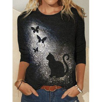 

Butterfly Cat Print T Shirt Round Neck Casual Long Sleeve Gothic Tee, Black