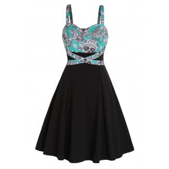 

Gothic Dress Skull Rose Print Dress Crossover High Waisted A Line Dress, Green
