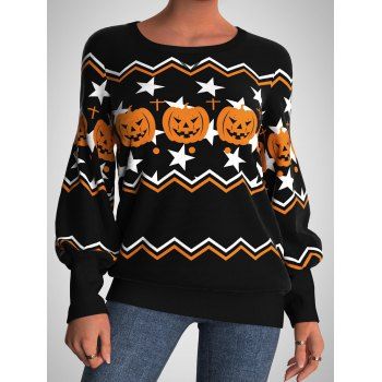 

Zig Zag Pumpkin Star Print Sweatshirt Long Sleeve Halloween Sweatshirt, Dark orange