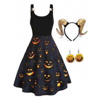 

Smiling Pumpkin Pattern A Line Midi Dress And Cow Horns Hairband Bats Earrings Halloween Outfit, Multicolor
