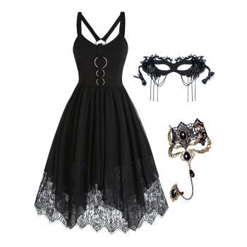 

Floral Lace Chiffon O Rings Asymmetric Dress And Party Mask Heart Lace Bracelet Halloween Outfit, Black