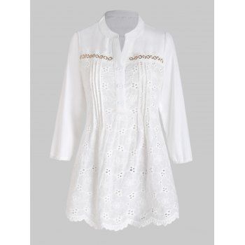 

Floral Embroidery Eyelet Blouse Half Button Pintuck Blouse Scallop Hem Grommet Blouse, White