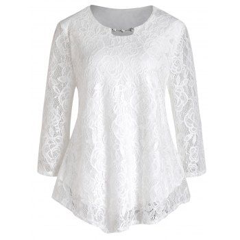 

Plus Size & Curve T Shirt Flower Lace Overlay Asymmetric T-shirt Heart Chain Keyhole See Thru Long Sleeve Tee, White