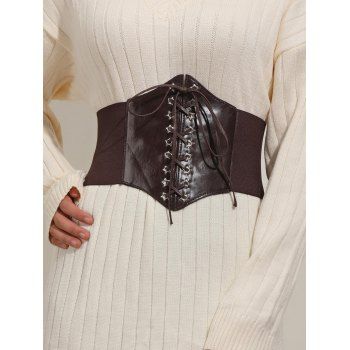 

PU Lace Up Star Eyelet Elastic Wide Waist Belt, Deep coffee