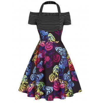 

Striped Colored Butterfly Print Dress High Waisted Dress Halter Cold Shoulder A Line Dress, Black