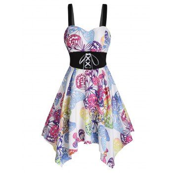 

Colored Butterfly Print Dress Lace Up High Waisted Dress A Line Handkerchief Dress, White