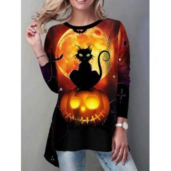 

Black Cat Pumpkin Moon Night Print Halloween Tee Long Sleeve Asymmetric T-shirt, Multicolor a