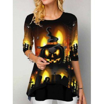 

Halloween Pumpkin Witch Spider Web Print Tee Long Sleeve Round Neck T-shirt, Multicolor a