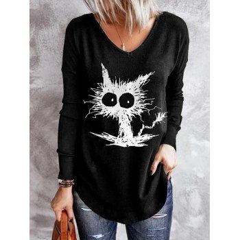 

Contrast Cartoon Cat Print T-shirt Long Sleeve Curved Hem V Neck Tee, Black