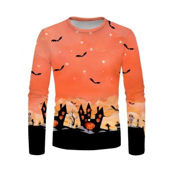 

Halloween T Shirt Bat Castle Print Casual Round Neck Long Sleeve Tee, Multicolor