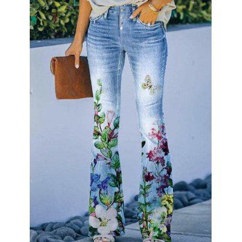 

Flower Butterfly Denim 3D Print Flare Jeggings Zip Fly Mock Snap Button High Waist Jeggings, Light blue