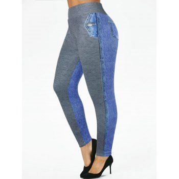 

Plus Size Leggings Faux Demin Spliced 3D Print Leggings Skinny Long Wide High Waist Leggings, Blue