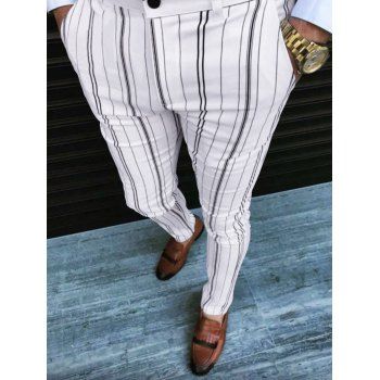 

Stripe Print Pants Zip Fly Button Long Casual Pants, White