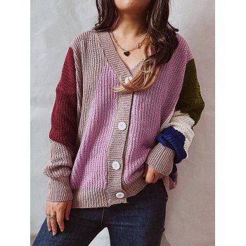 

Contrast Colorblock Sweater Long Sleeve V Neck Button Up Sweater, Light pink