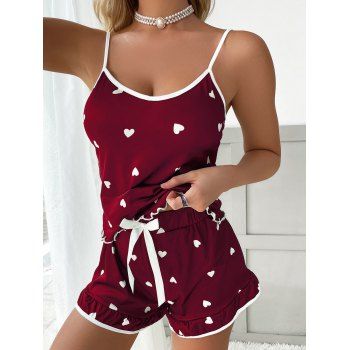 Women Contrasting Heart Print Camisole Set Adjustable Straps Ruffles Backless Camisole Set Clothing S Red