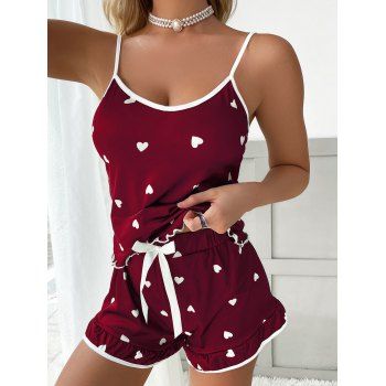 

Contrasting Heart Print Camisole Set Adjustable Straps Ruffles Backless Camisole Set, Red