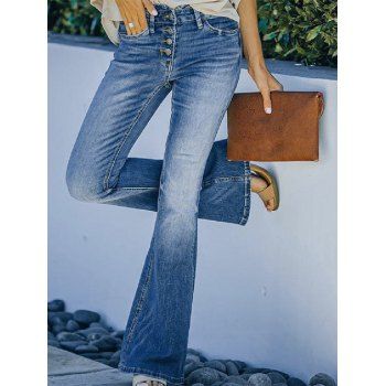 

Button Fly Flare Jeans Pockets High Waisted Casual Long Denim Pants, Blue