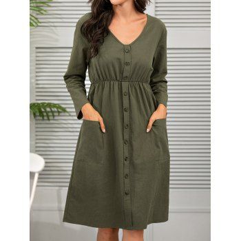 

Long Sleeve Dress Mock Button Elastic High Waist Pockets V Neck Casual Dress, Green