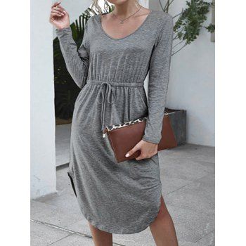 

Long Sleeve Drawstring Waist Dress Curved Hem V Neck Pockets Heathered Casual Dress, Gray