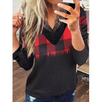 

Plaid Print Panel T Shirt Scalloped Flower Lace Insert Long Sleeve Tee, Red