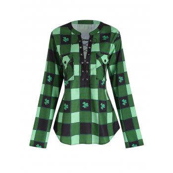 

Clover Plaid Print Shirt Lace Up Shirt Front Pocket Casual Long Sleeve Shirt, Deep green