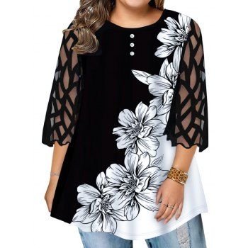 

Plus Size & Curve T Shirt Contrast Flower Print Two Tone T-shirt Sheer Lace Sleeve Tee, Black