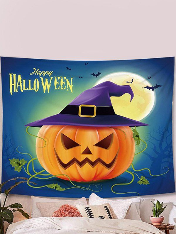 Halloween Pumpkin Witch Moon Night Print Wall Decor Hanging Tapestry - multicolor 
