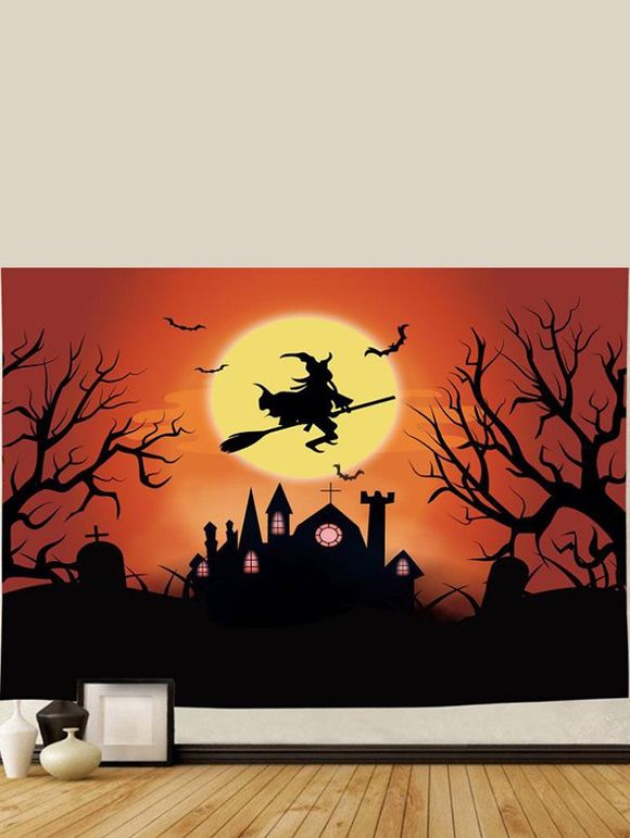 Tapisserie Murale à Imprimé Sorcière et Chauve-Souris dans la Nuit D'Halloween Décor Maison - multicolor 