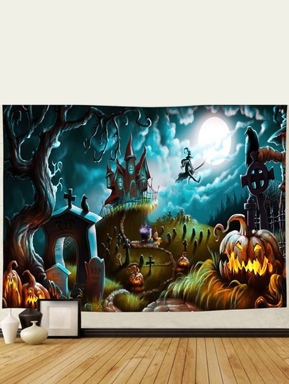 Tapisserie Murale à Imprimé Citrouille avec Chapeau de Sorcière dans la Nuit D'Halloween Décor Maison - multicolor 