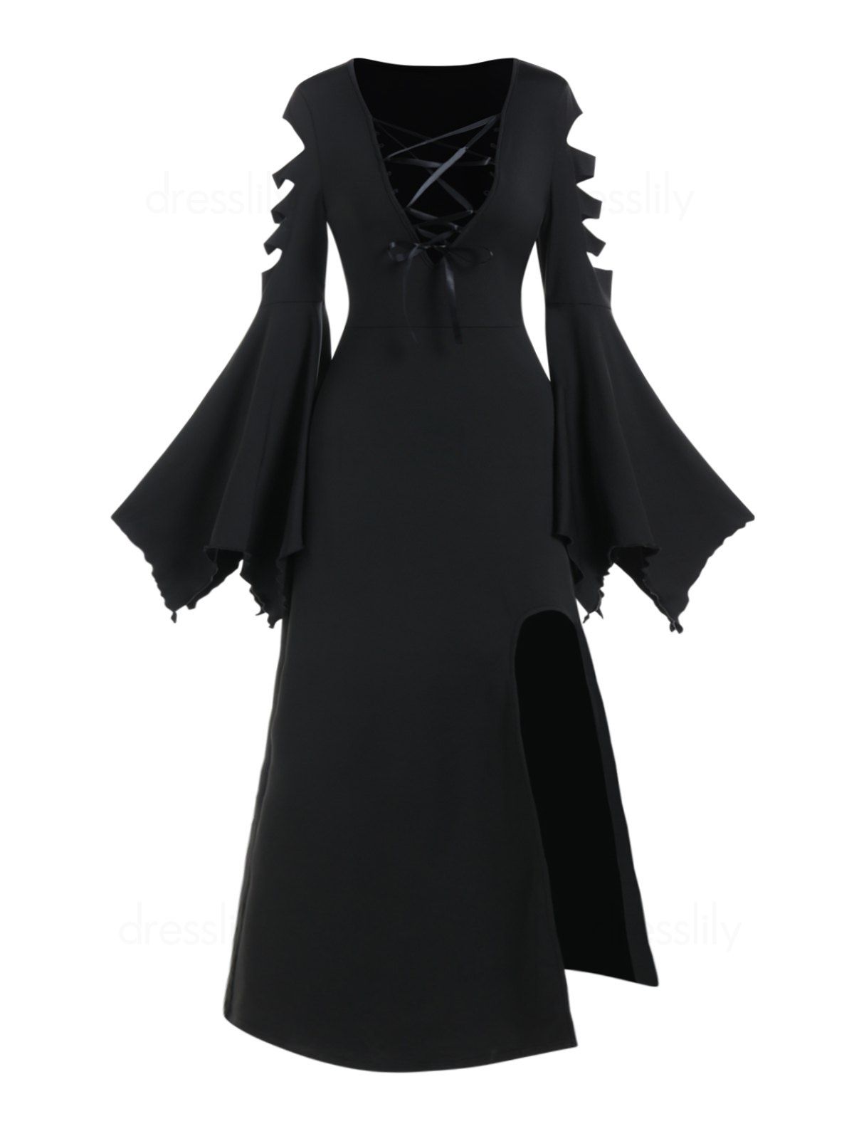 Robe Mouchoir Gothique Longue Déchirée à Fente Haute à Manches de Cloche - Noir L
