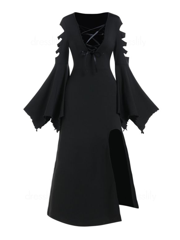 Gothic Dress Lace Up High Slit Maxi Dress Ripped Handkerchief Bell Sleeve Long Dress - BLACK L
