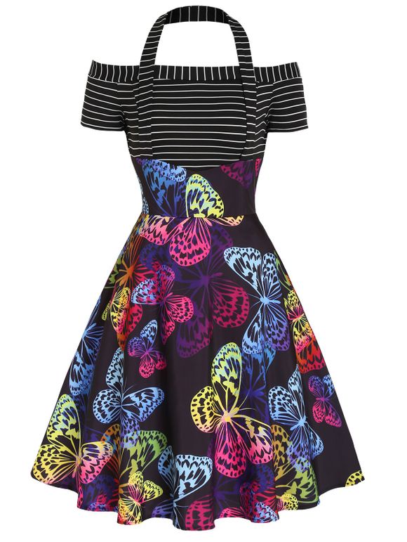 Striped Colored Butterfly Print Dress High Waisted Dress Halter Cold Shoulder A Line Dress - BLACK L